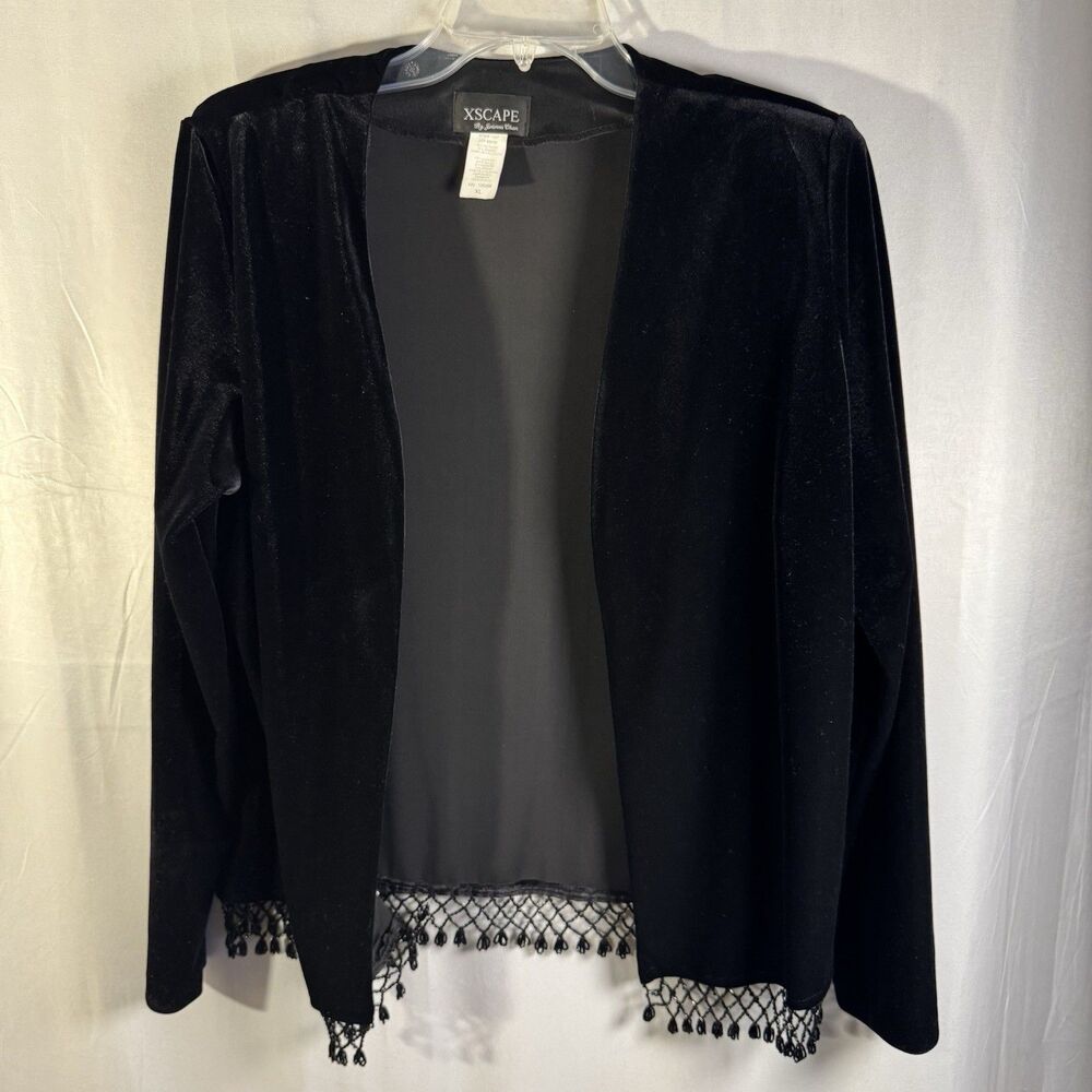 Vintage Xscape Black Velvet Jacket XL Made in USA Beaded Hem Open Front Holiday